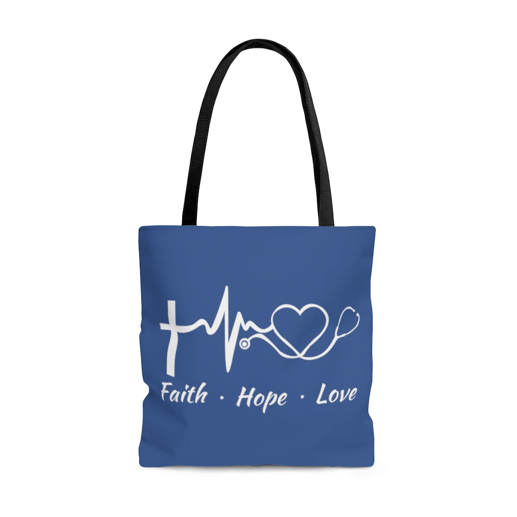 Faith Hope Love Stethoscope Large Dark Blue Tote Bag (Dual Sided Design)