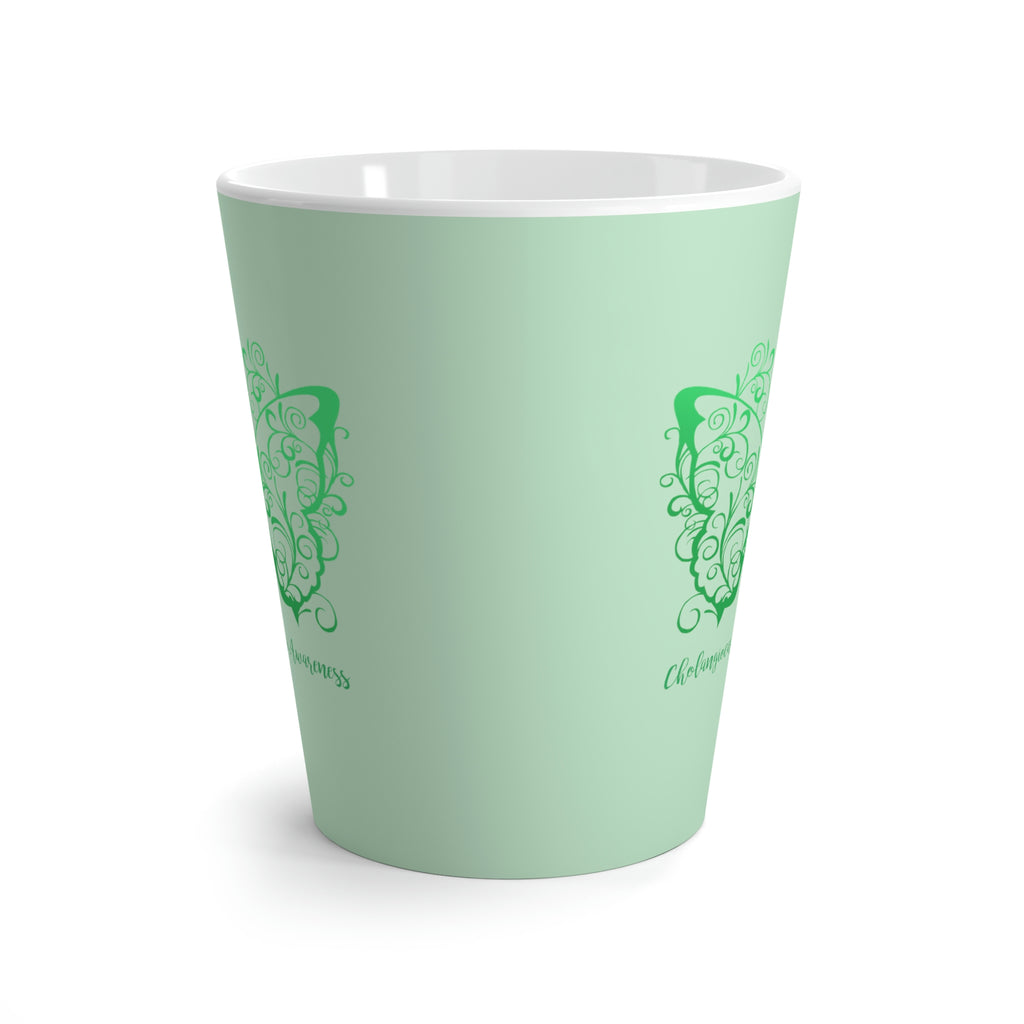 Cholangiocarcinoma Awareness Filigree Butterfly Light Green Latte Mug (12 oz.) (Dual-Sided Design)