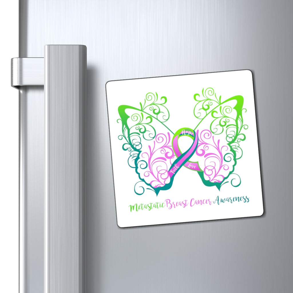 Metastatic Breast Cancer Awareness Filigree Butterfly Magnet (White Background) (3 Sizes Available)