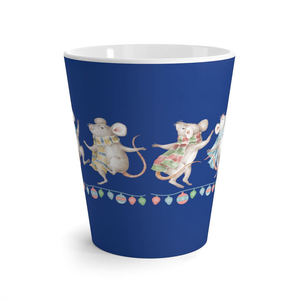 Vintage Watercolor Christmas Dancing Mice Royal Blue Latte Mug (12 oz.) (Dual-Sided Design)