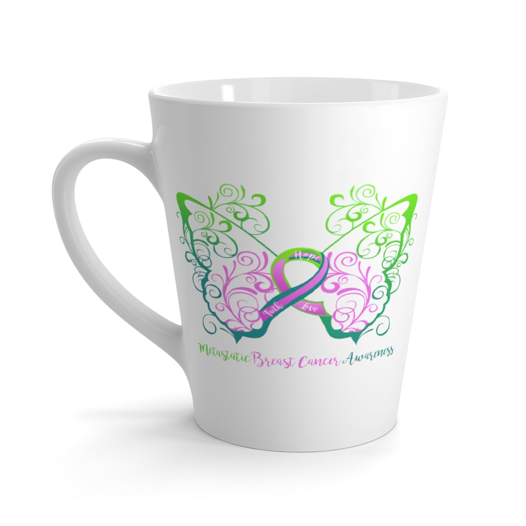 Metastatic Breast Cancer Awareness Filigree Butterfly White Latte Mug (12 oz.) (Dual Sided Design)