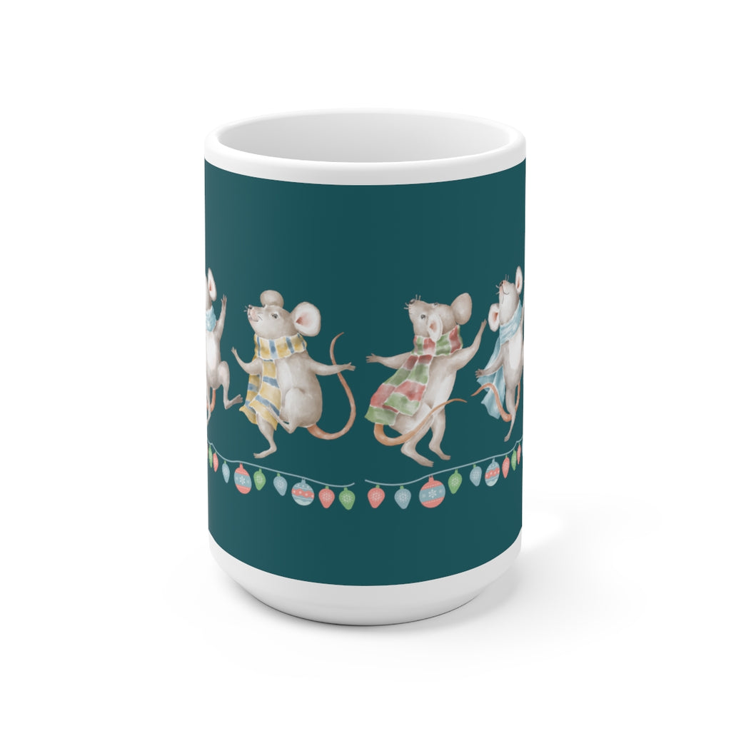 Vintage Watercolor Christmas Dancing Mice (Teal) Mug (15oz) (Dual Sided-Design)