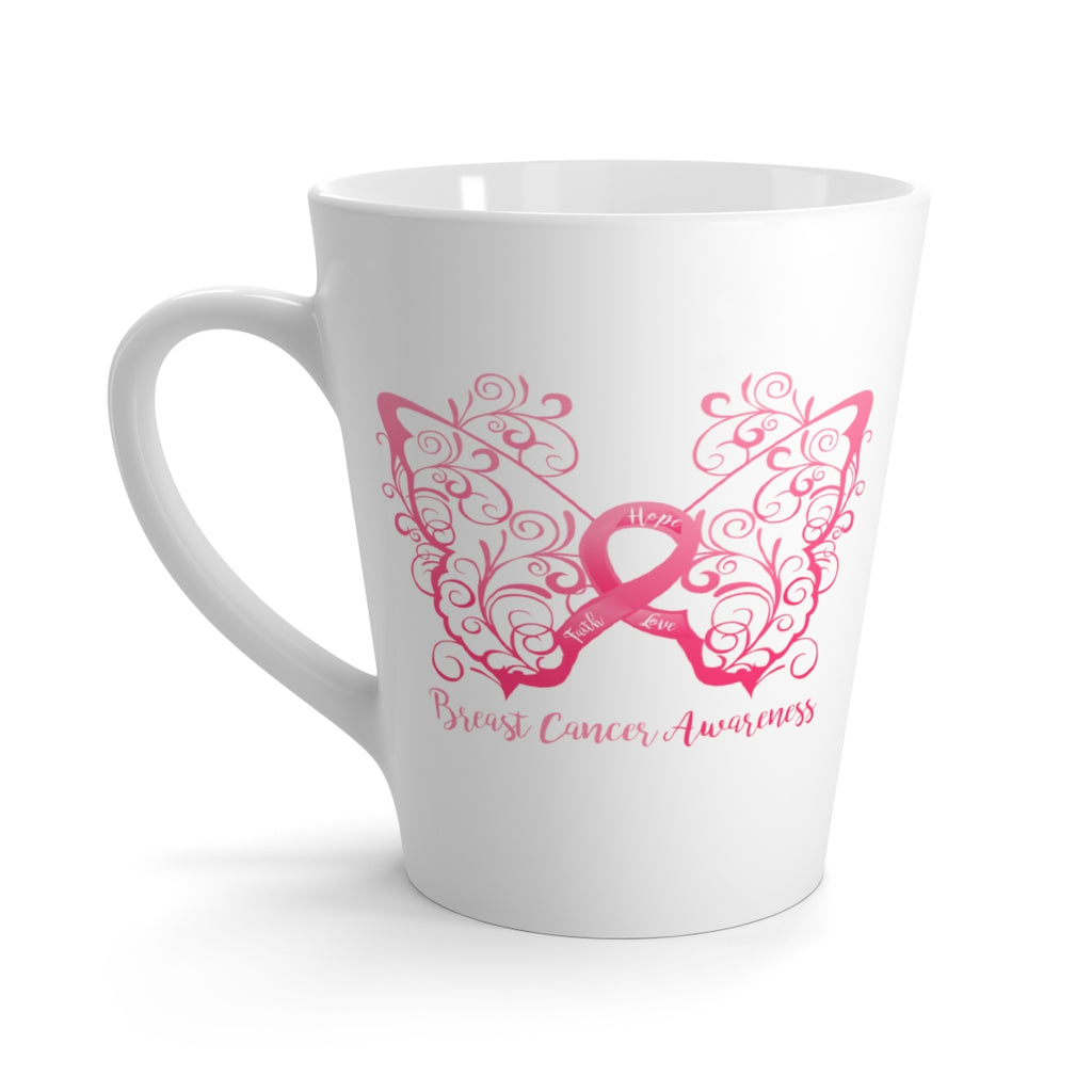Breast Cancer Awareness Filigree Butterfly White Latte Mug (12 oz.) (Dual Sided Design)