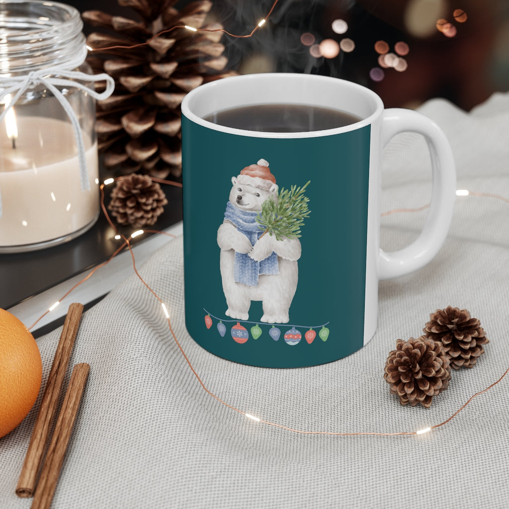 Vintage Watercolor Christmas Polar Bear (Teal) Mug (11 oz.)(Dual-Sided Design)