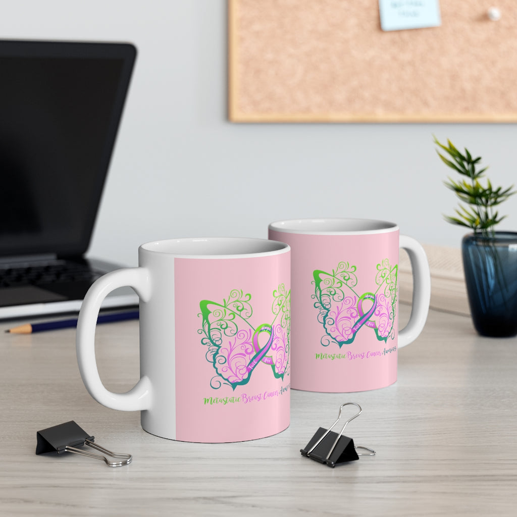 Metastatic Breast Cancer Awareness Filigree Butterfly (Light Pink) Mug (11 oz.)(Dual-Sided Design)