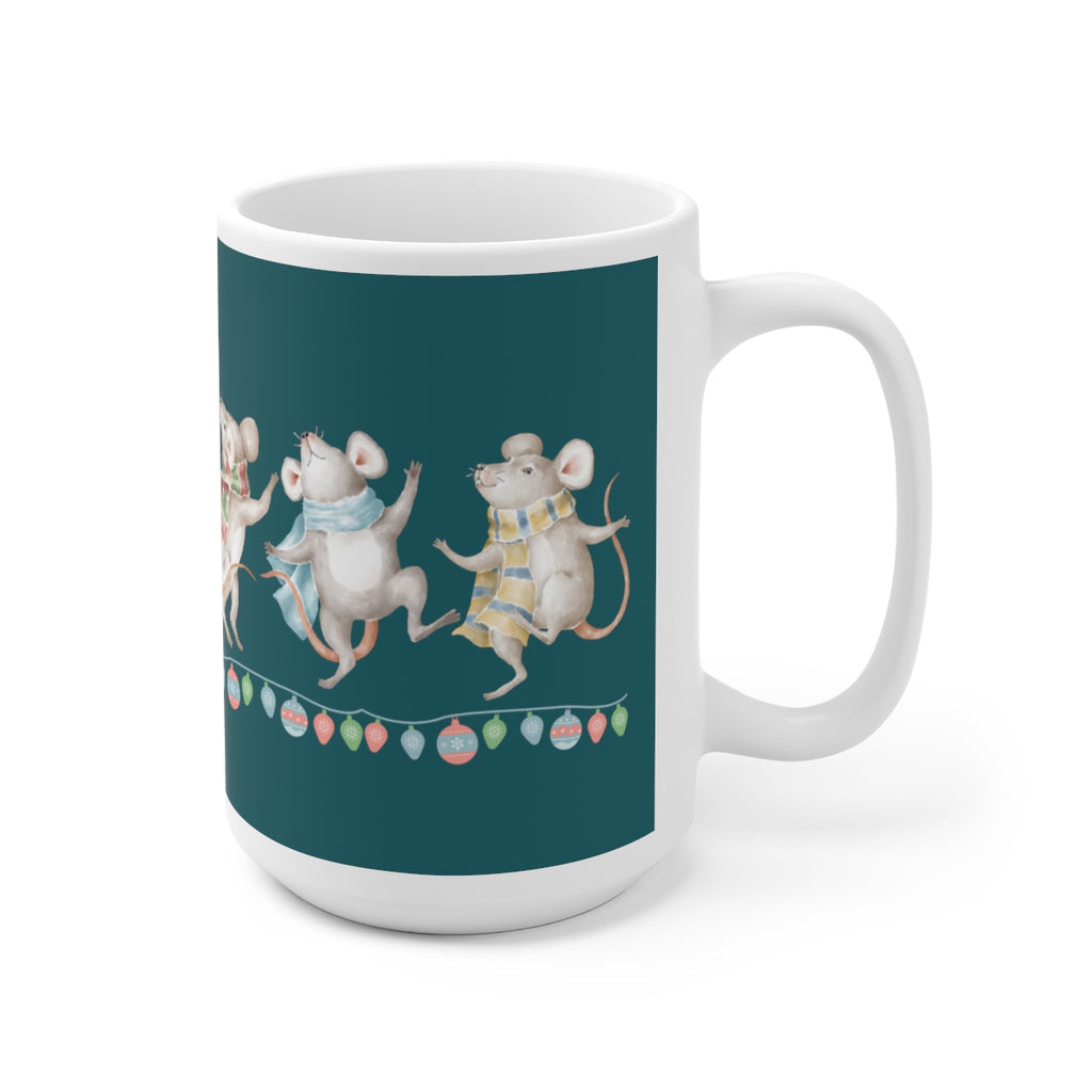 Vintage Watercolor Christmas Dancing Mice (Teal) Mug (15oz) (Dual Sided-Design)