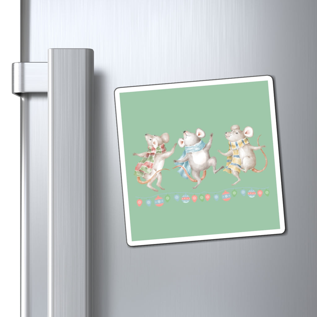Vintage Watercolor Christmas Dancing Mice Magnet (Light Green) (3 Sizes Available)