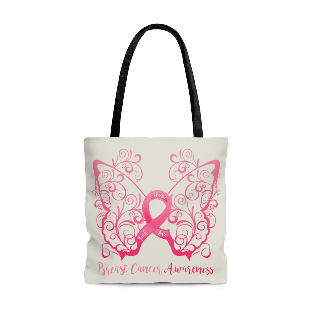 Breast Cancer Awareness Filigree Butterfly Large "Natural" Tote Bag (Dual Sided Design)