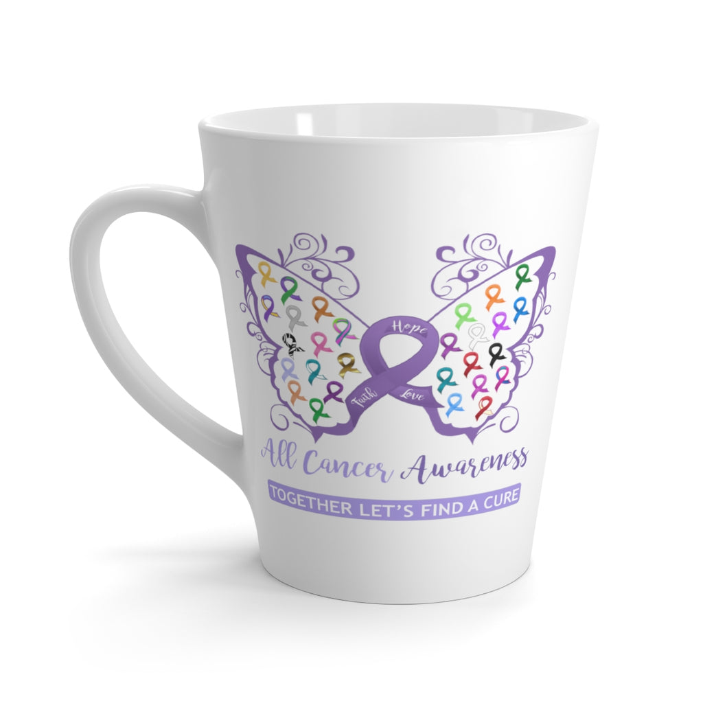 All Cancer Awareness Filigree Butterfly White Latte Mug (12 oz.) (Dual Sided Design)
