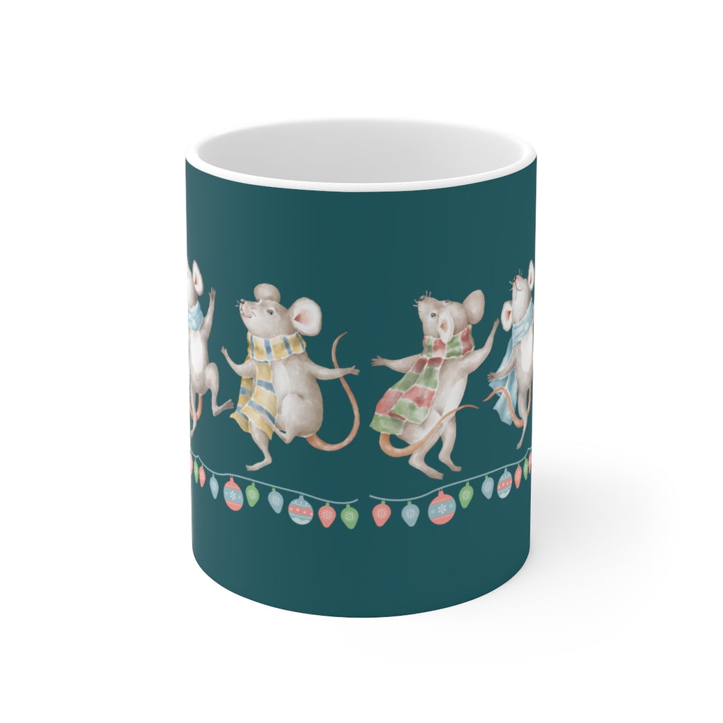 Vintage Watercolor Christmas Dancing Mice (Teal) Mug (11 oz.)(Dual-Sided Design)