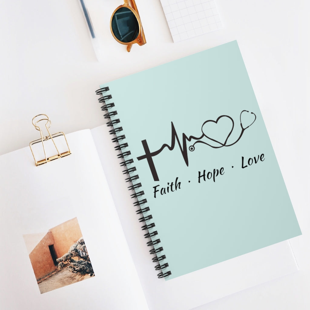 Faith Hope Love Stethoscope Light Dusty Blue Spiral Journal - Ruled Line