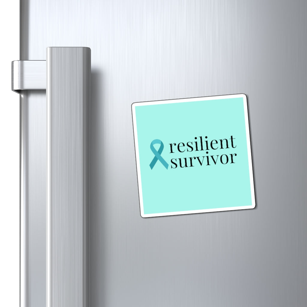 Ovarian Cancer resilient survivor Ribbon Magnet (Light Teal Background) (3 Sizes Available)