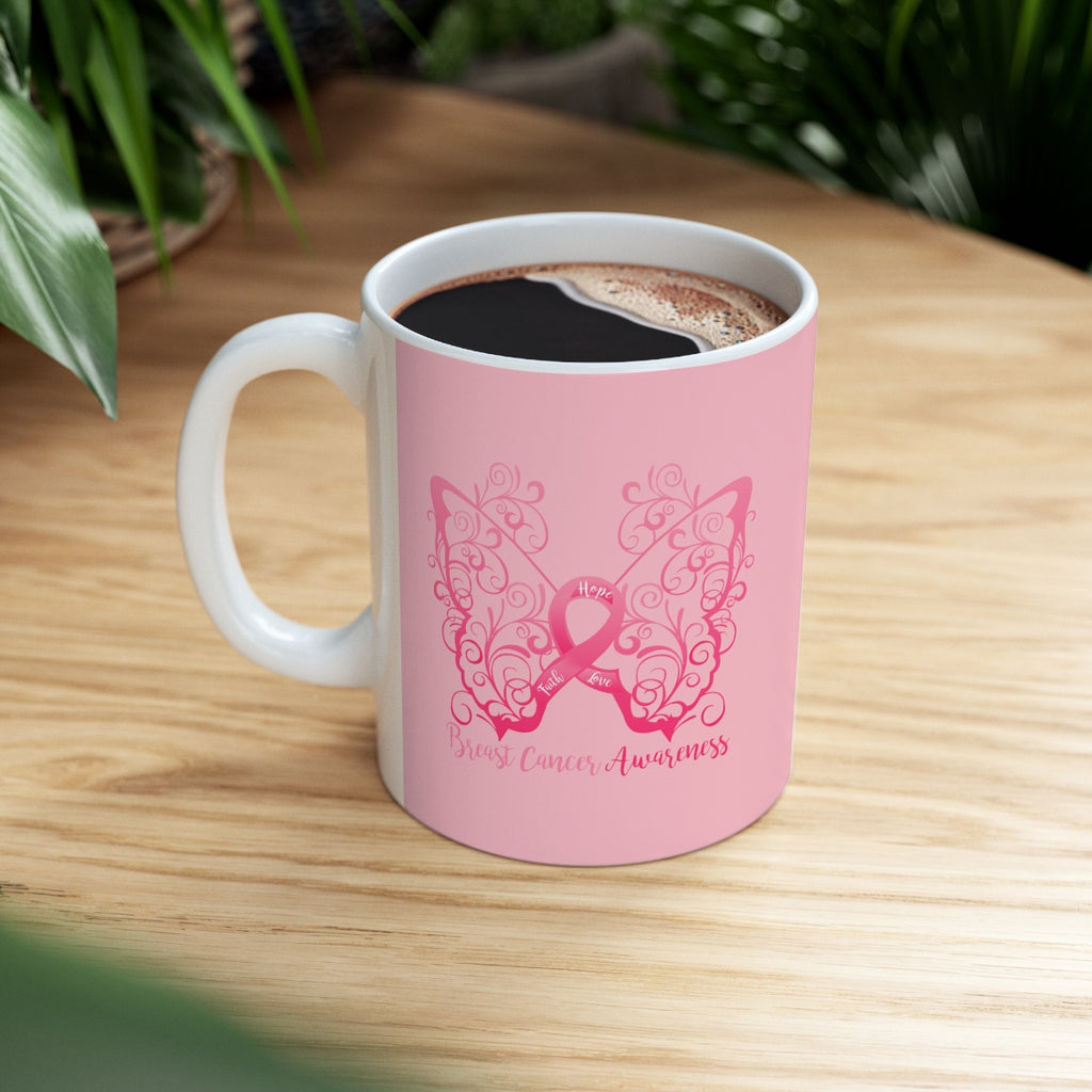 Breast Cancer Awareness Filigree Butterfly (Pink) Mug (11 oz.)(Dual-Sided Design)