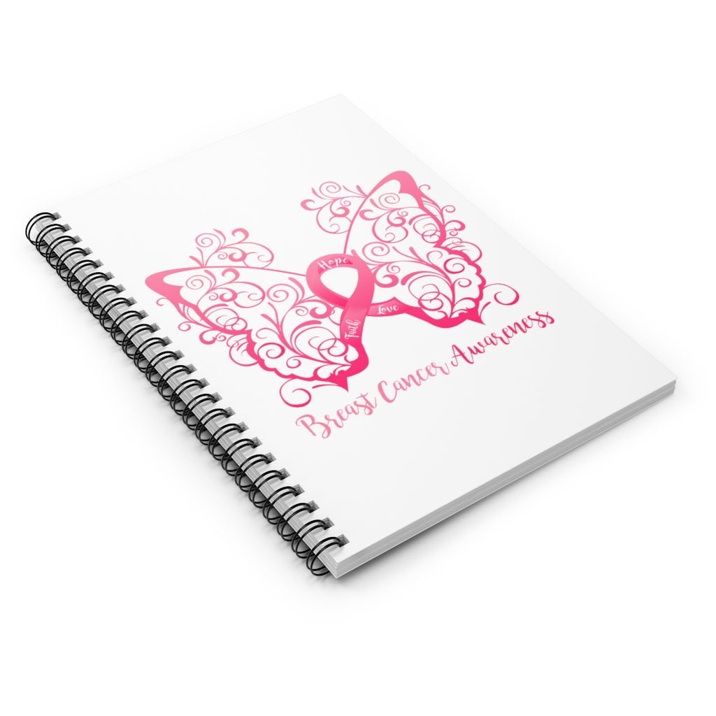 Breast Cancer Awareness Filigree Butterfly White Spiral Journal - Ruled Line