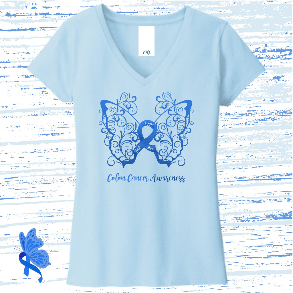 Colon Cancer Awareness Filigree Butterfly Women’s Recycled V-Neck T-Shirt