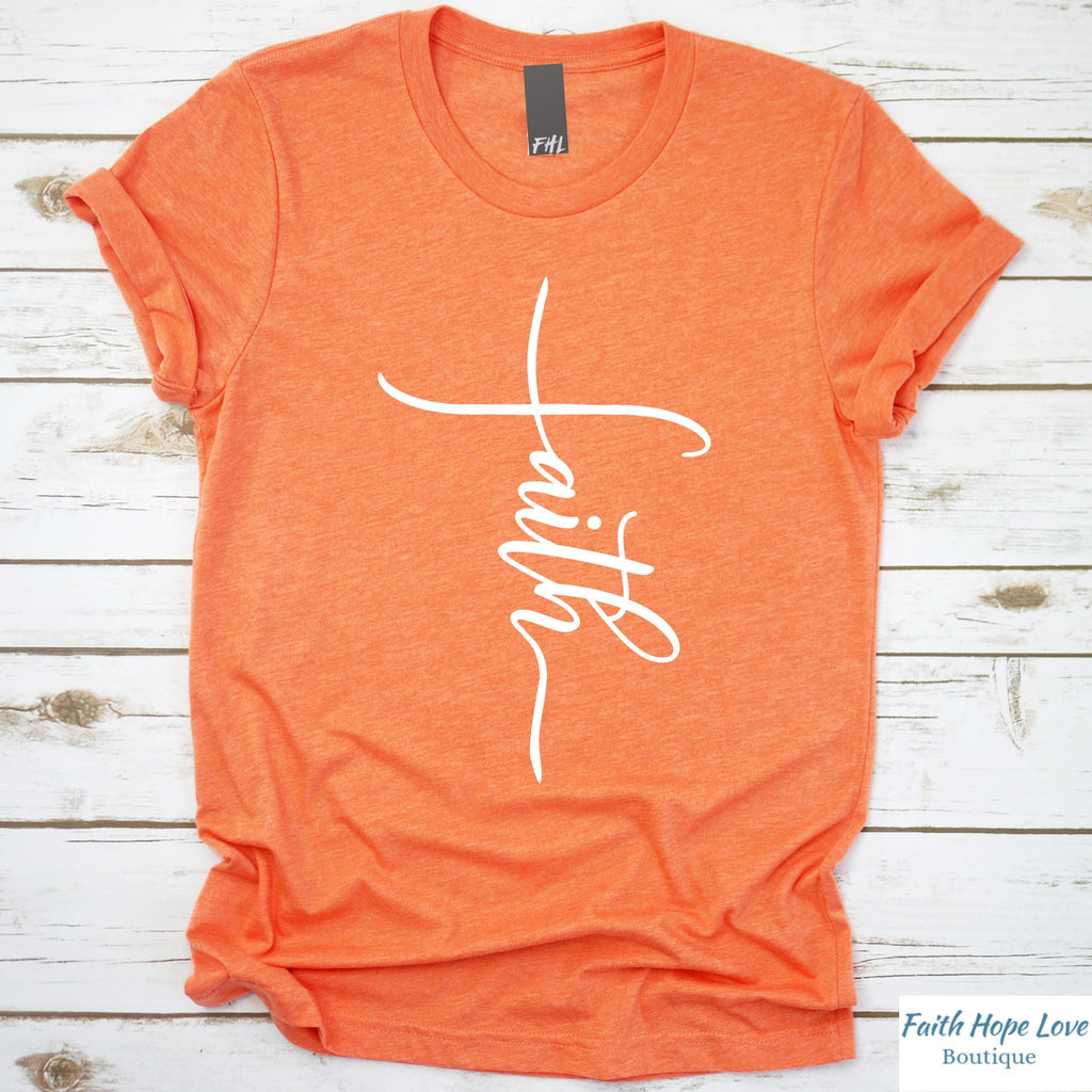 Faith Cross White Font Heather Orange T-Shirt