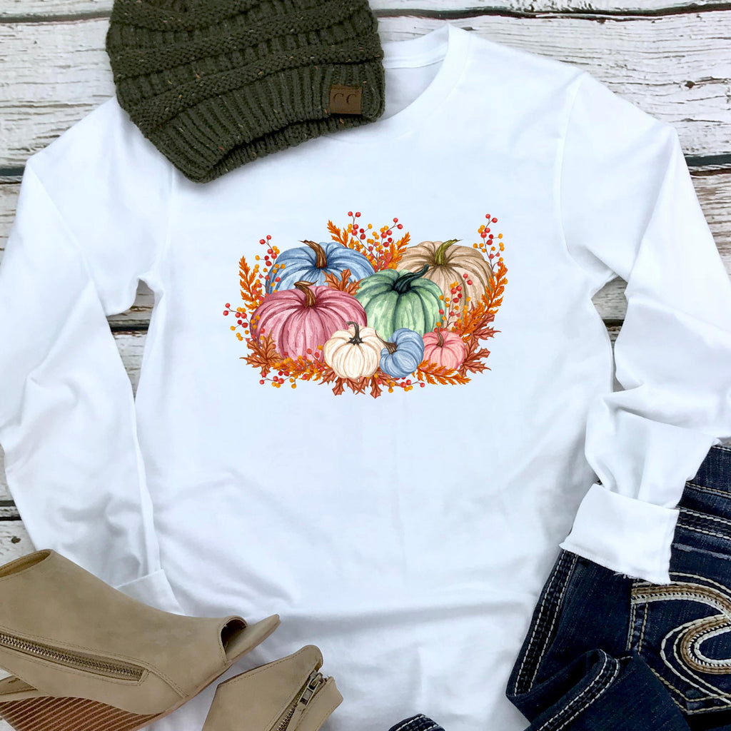 Fall Watercolor Pumpkins White Long Sleeve T-Shirt (Quick Ship)(Size 2XL Only)