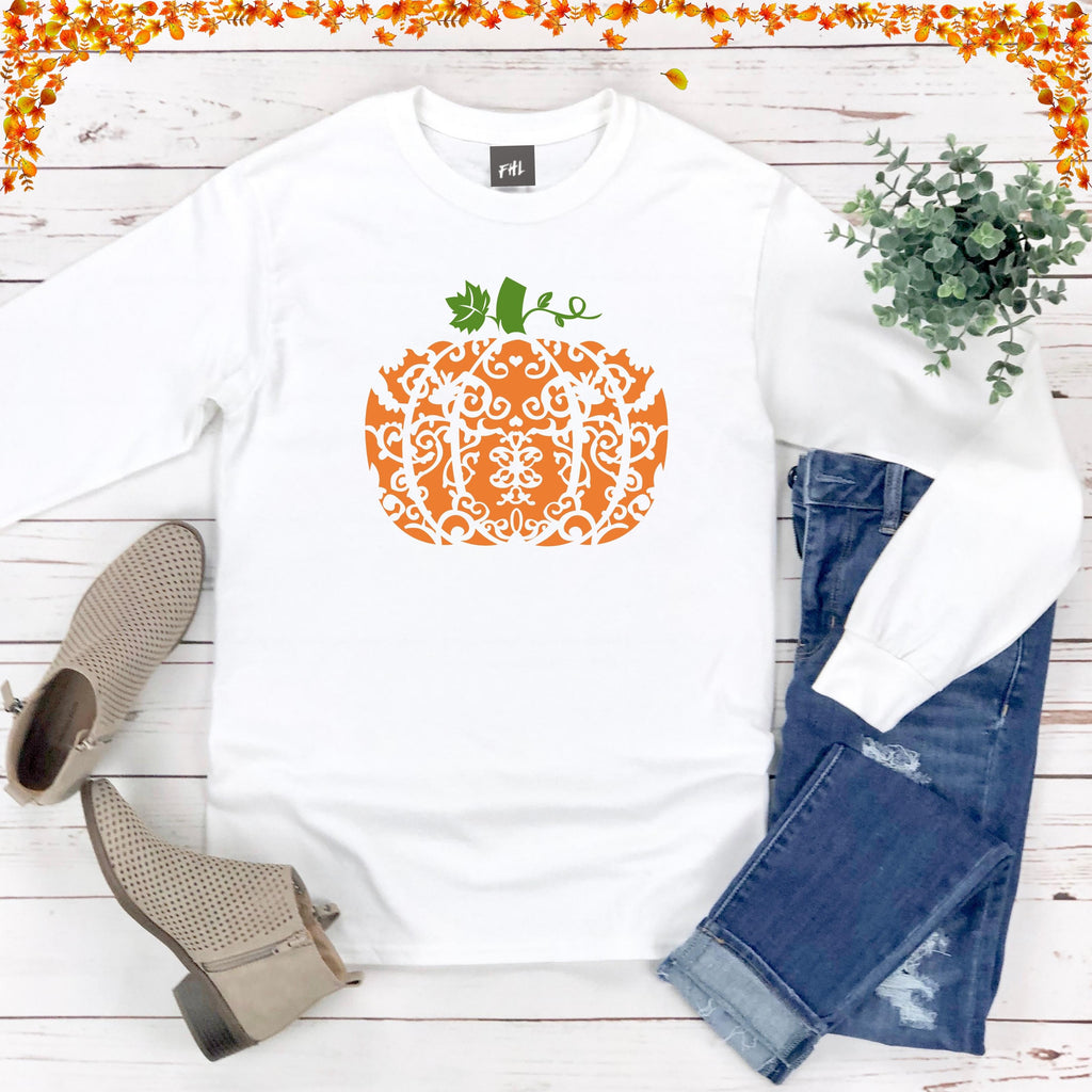 Filigree Pumpkin White Plus Size Long Sleeve Shirt