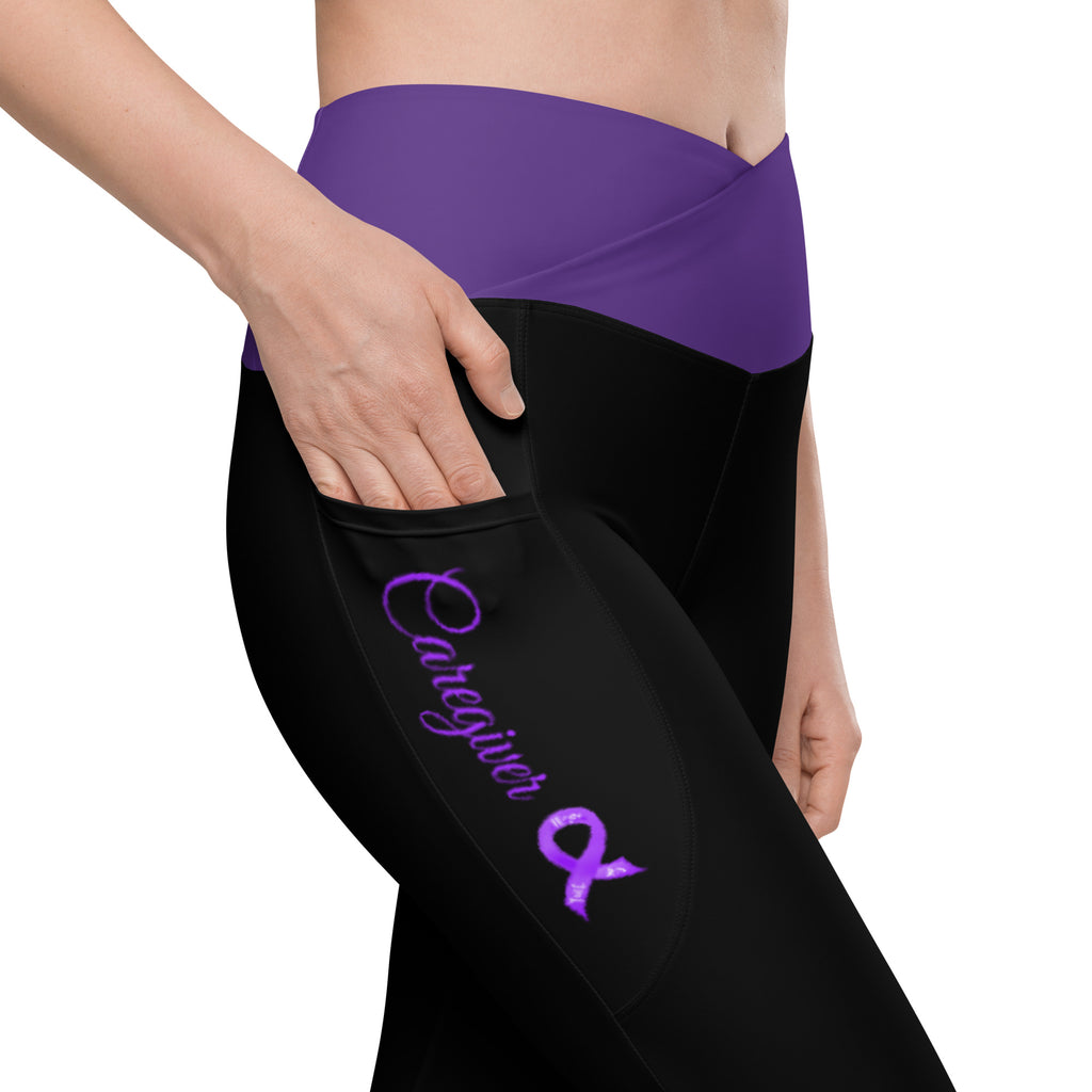 Hodgkins Lymphoma "Caregiver" Crossover Waist Leggings with Pockets (Black/Violet)