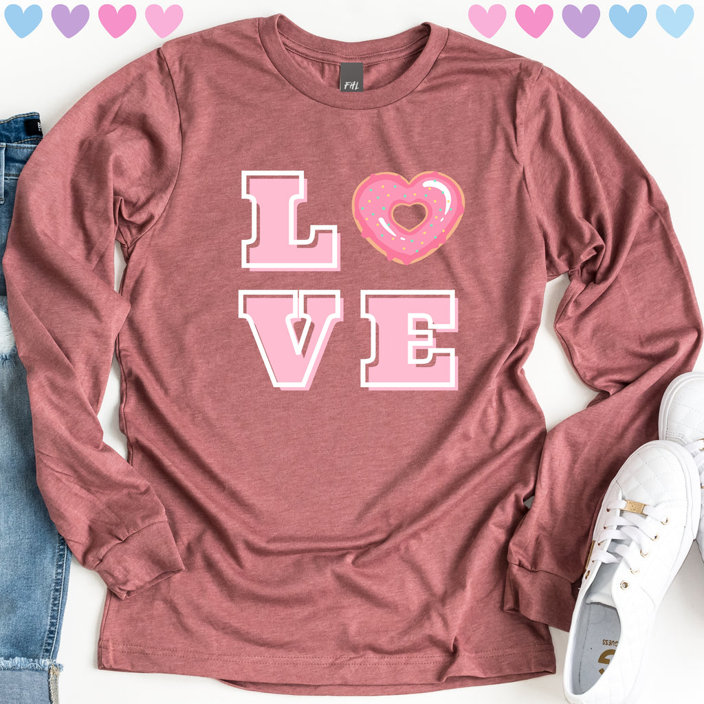 Love Heart Donut Heather Mauve Long Sleeve Tee (Size XS) (Quick Ship)