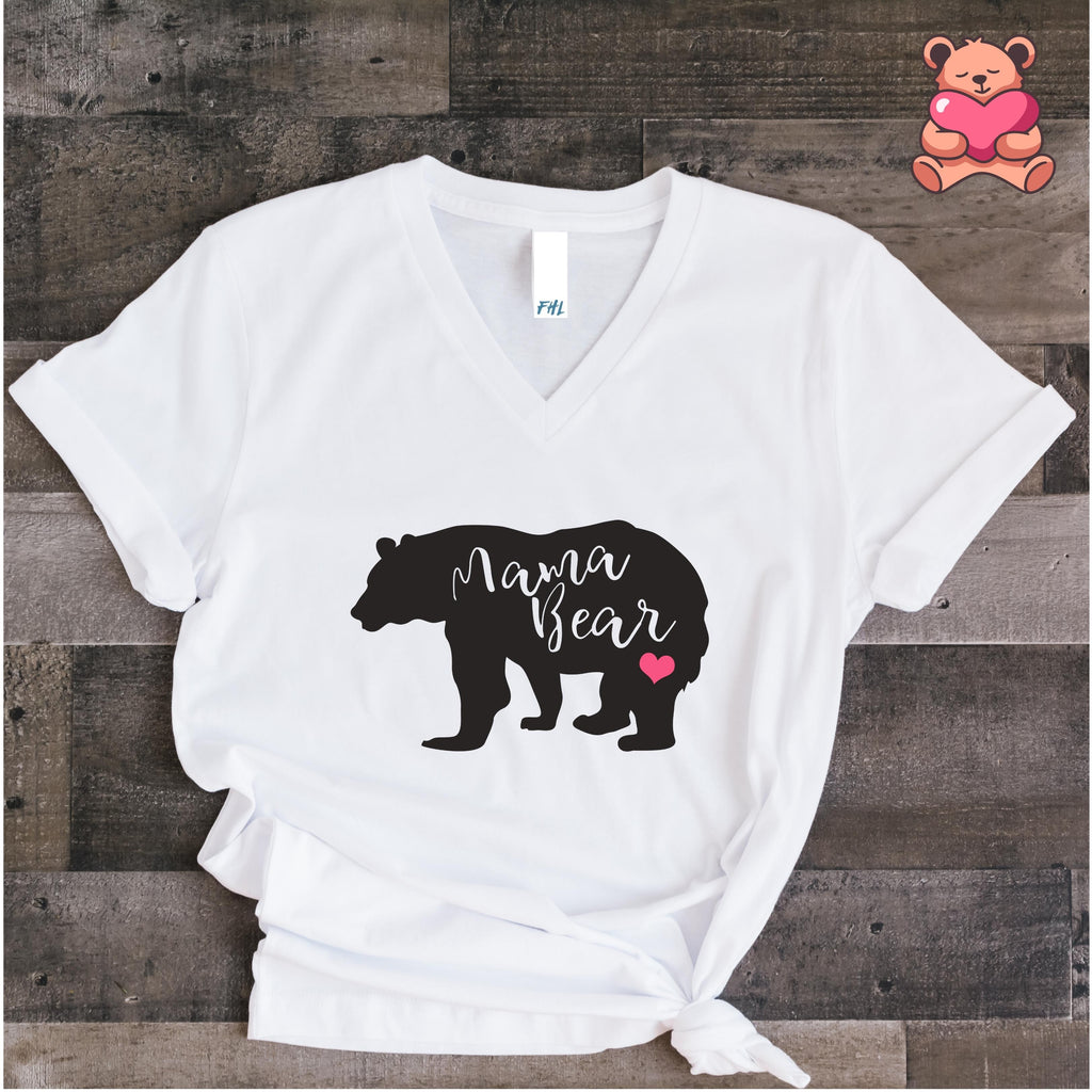 Mama Bear Heart White V-Neck T-Shirt