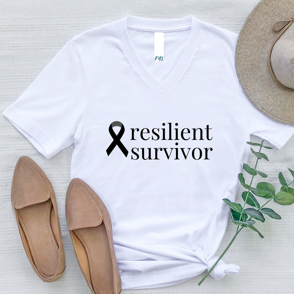 Melanoma & Skin Cancer resilient survivor Ribbon White V-Neck T-Shirt