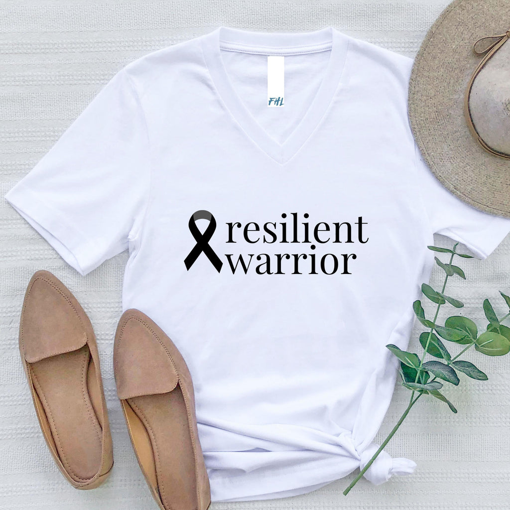 Melanoma & Skin Care resilient warrior White V-Neck T-Shirt