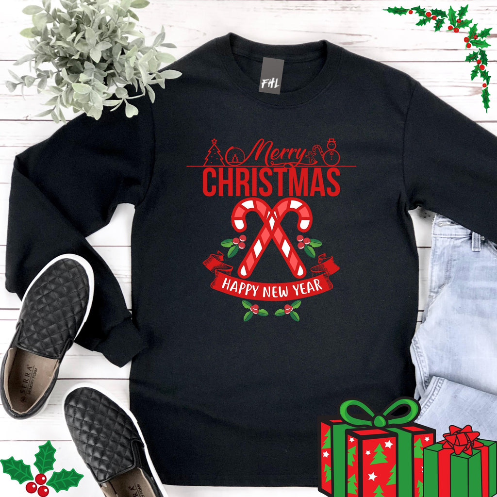 Merry Christmas Happy New Year Plus Size Long Sleeve Shirt - Several Colors Available