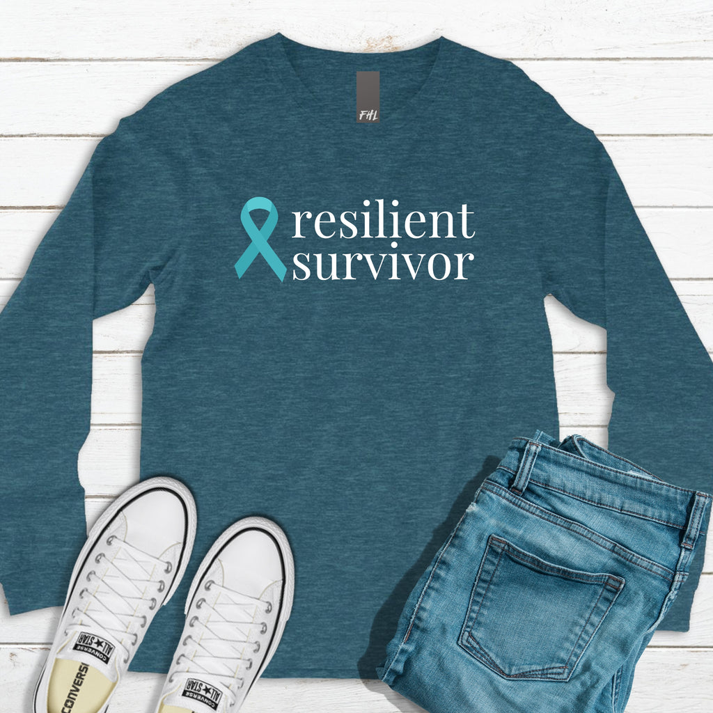 Ovarian Cancer Resilient Survivor Ribbon Long Sleeve Tee