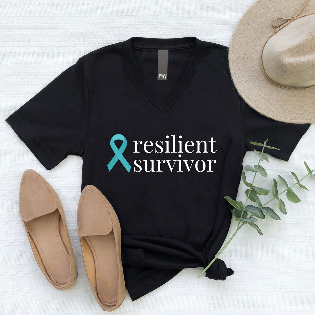 Ovarian Cancer resilient survivor Ribbon V-Neck T-Shirt