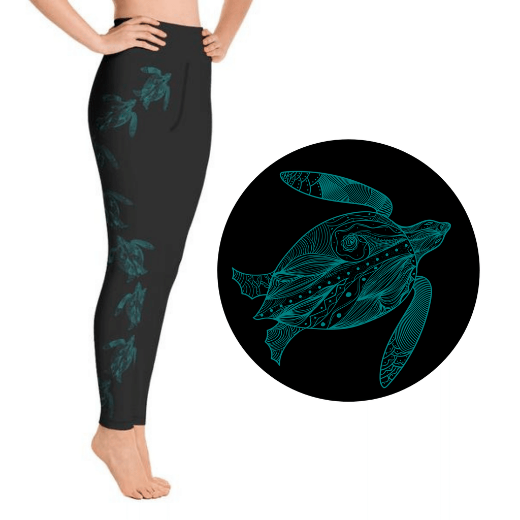 Teal Swimming Sea Turtles Full Length Yoga Leggings (Size XL)(QUICK SHIP)