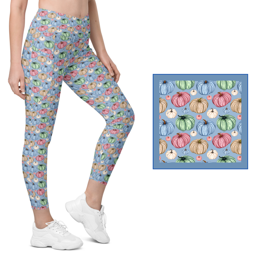 Fall Watercolor Pumpkins Crossover Leggings With Pockets (Light Blue)