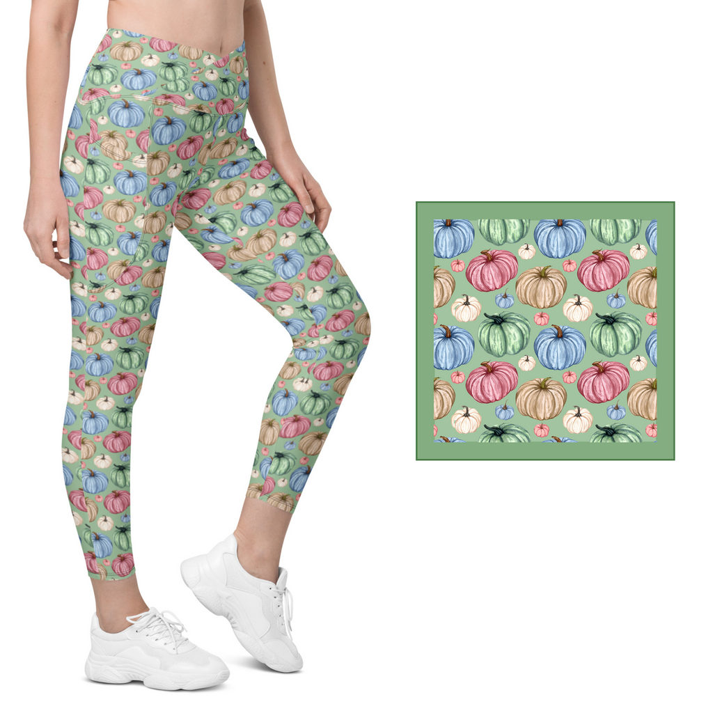 Fall Watercolor Pumpkins Crossover Leggings With Pockets (Light Green)