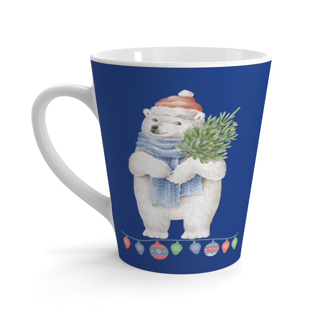 Vintage Watercolor Christmas Polar Bear Royal Blue Latte Mug (12 oz.) (Dual-Sided Design)