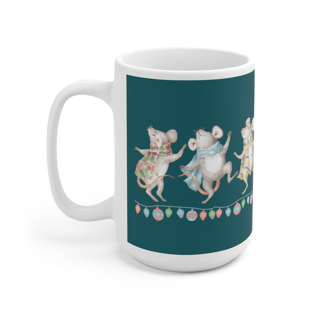Vintage Watercolor Christmas Dancing Mice (Teal) Mug (15oz) (Dual Sided-Design)