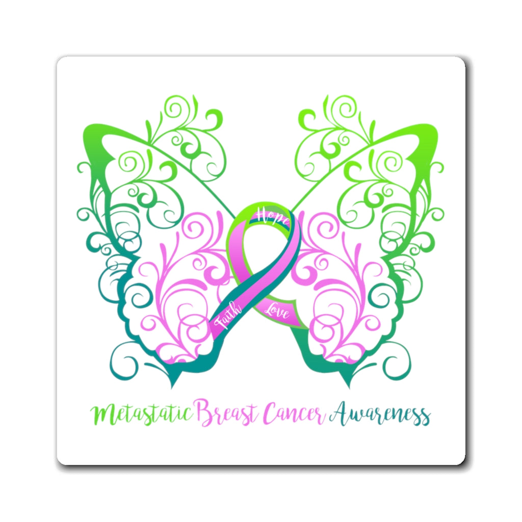Metastatic Breast Cancer Awareness Filigree Butterfly Magnet (White Background) (3 Sizes Available)