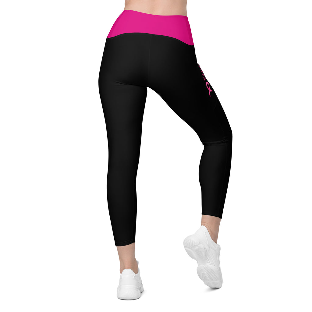Breast Cancer "Warrior" Crossover Waist Leggings with Pockets (Black/Pink)