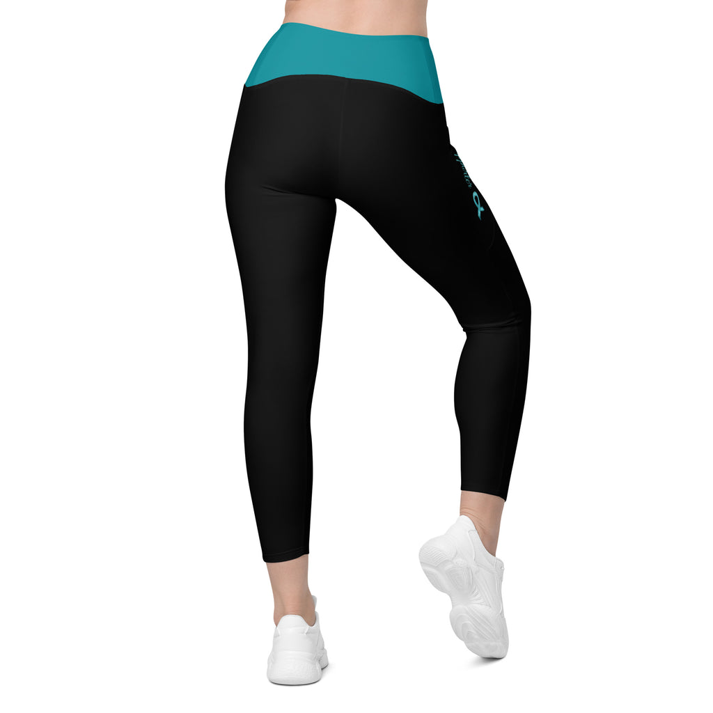 Ovarian Cancer "Supporter" Crossover Waist Leggings with Pockets (Black/Teal)