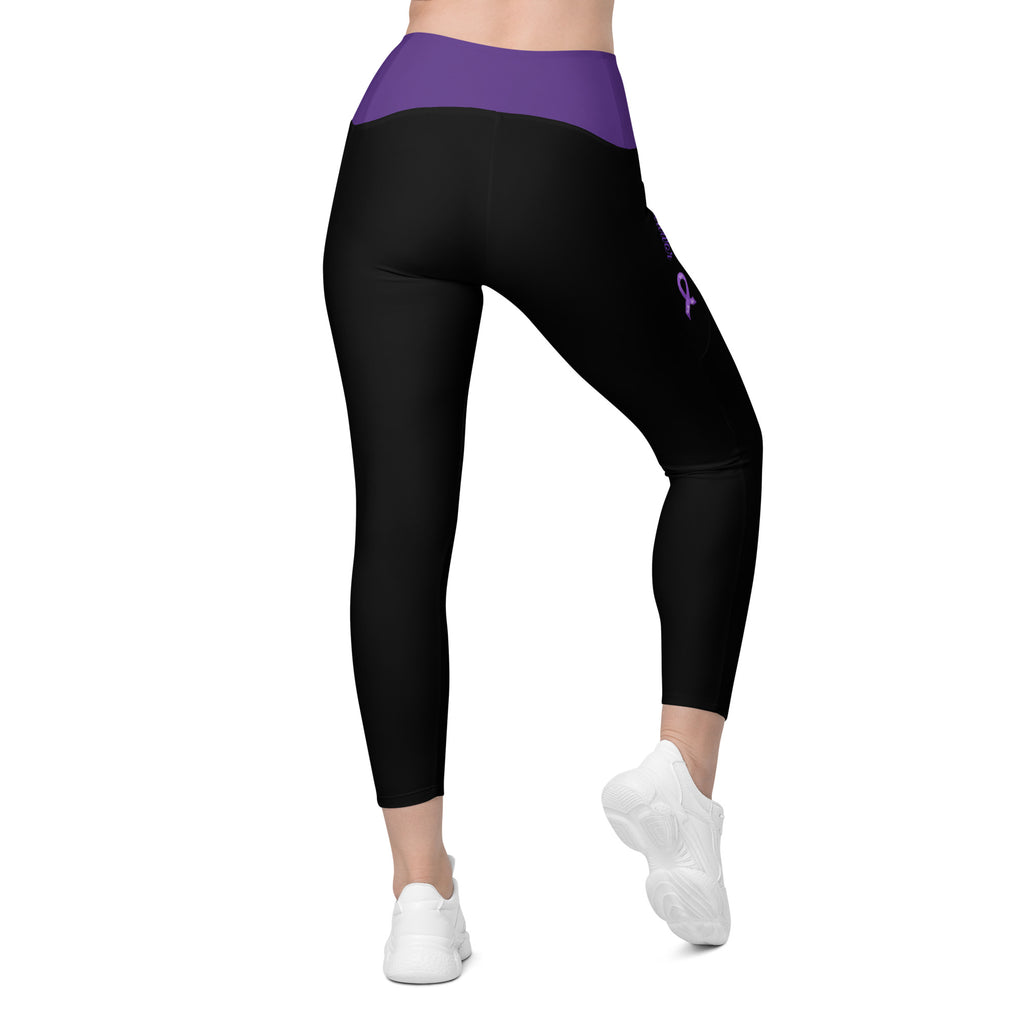 Pancreatic Cancer "Survivor" Crossover Waist Leggings with Pockets (Black/Purple)