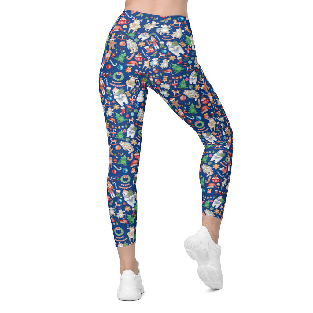 Vintage Watercolor Christmas Design Crossover Leggings with Pockets (Royal Blue)