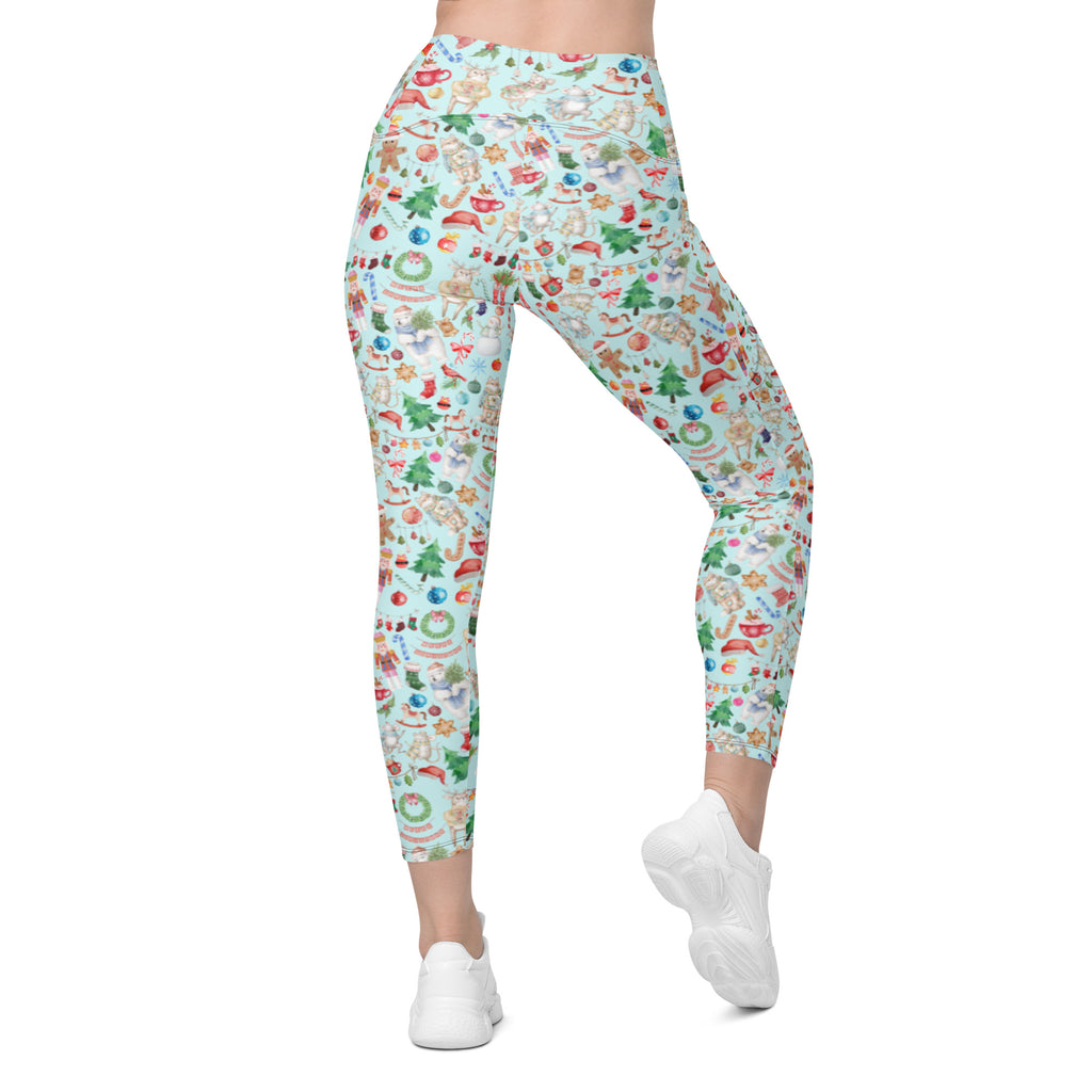 Vintage Watercolor Christmas Design Crossover Leggings with Pockets (Light Blue)