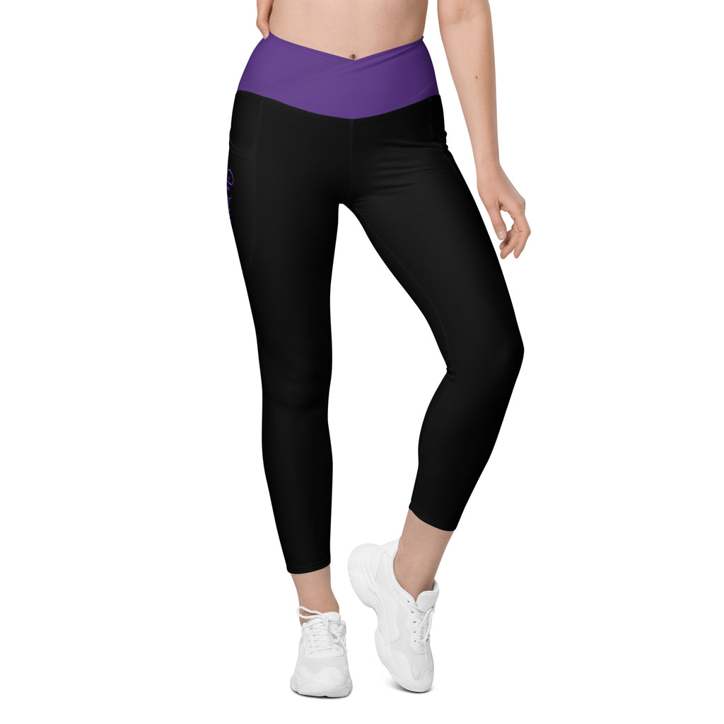 Pancreatic Cancer "Warrior" Crossover Waist Leggings with Pockets (Black/Purple)
