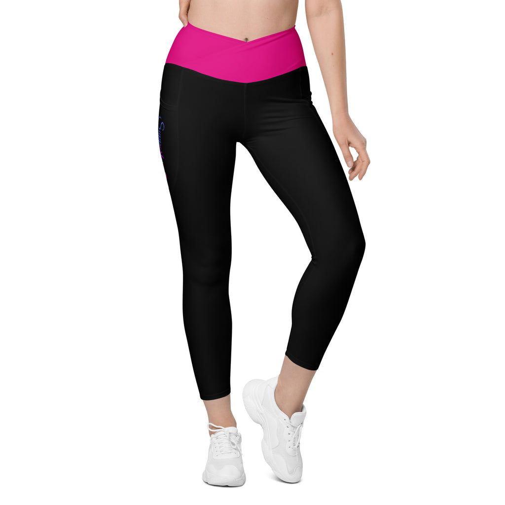Thyroid Cancer "Supporter" Crossover Waist Leggings with Pockets (Black/Pink/Blue)