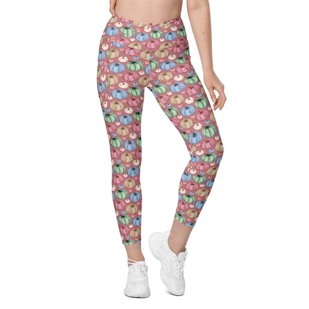 Fall Watercolor Pumpkins Crossover Leggings With Pockets (Mauve)
