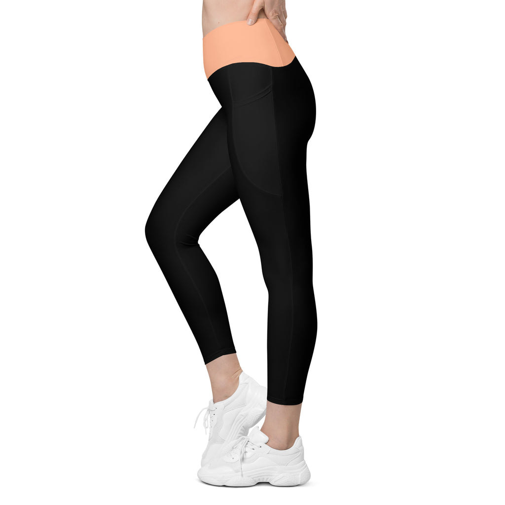 Uterine Cancer "Warrior" Crossover Waist Leggings with Pockets (Black/Peach)