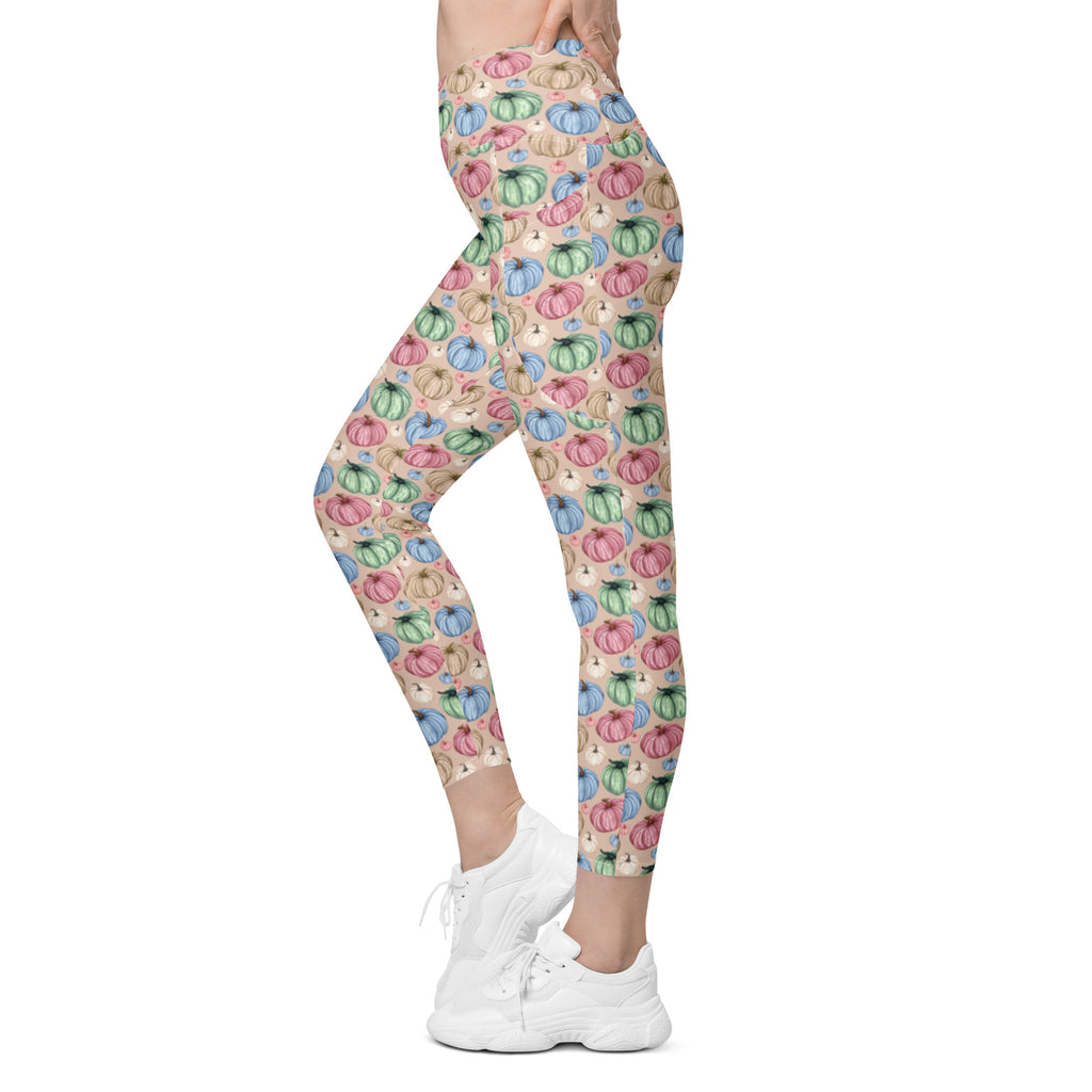 Fall Watercolor Pumpkins Crossover Leggings With Pockets (Light Beige)