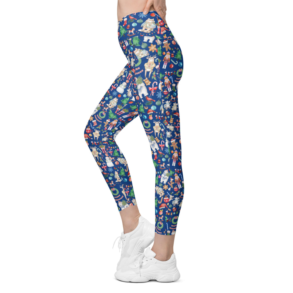Vintage Watercolor Christmas Design Crossover Leggings with Pockets (Royal Blue)
