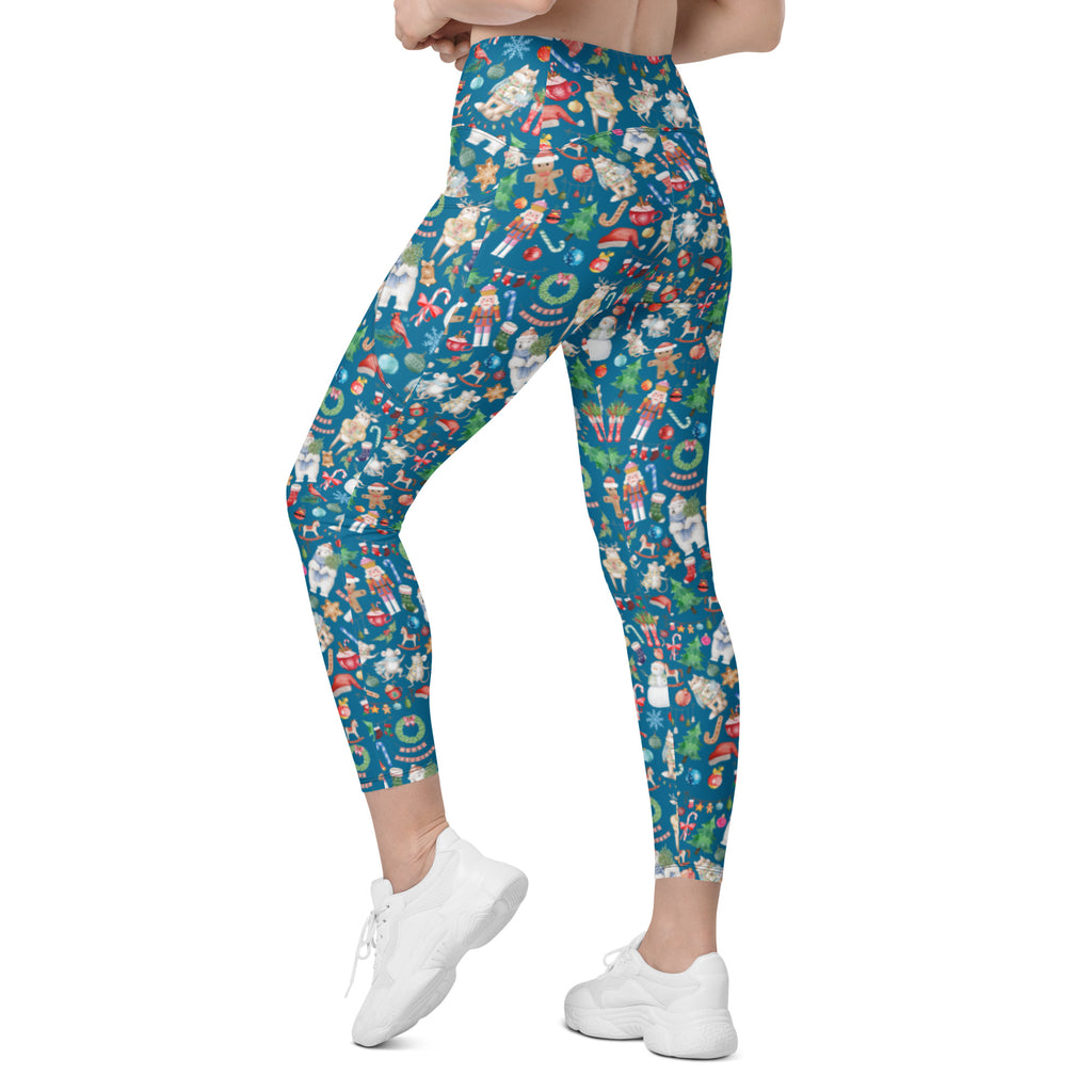 Vintage Watercolor Christmas Design Crossover Leggings with Pockets (Teal)
