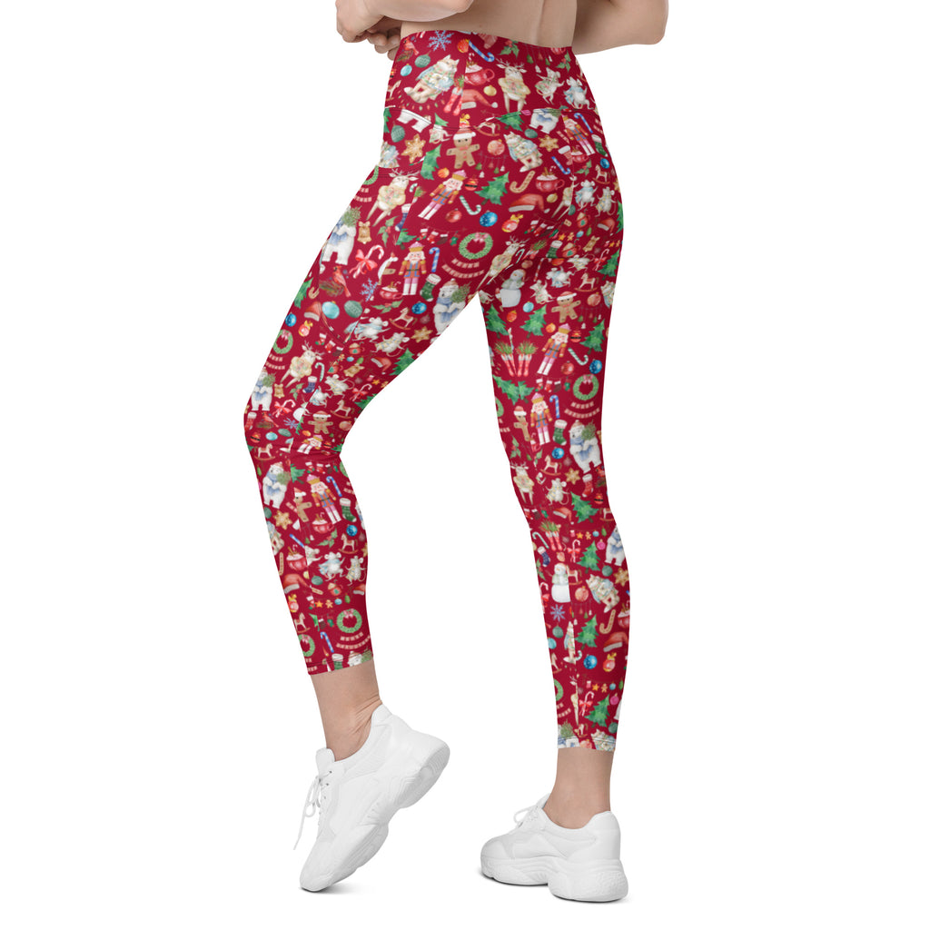 Vintage Watercolor Christmas Design Crossover Leggings with Pockets (Red)