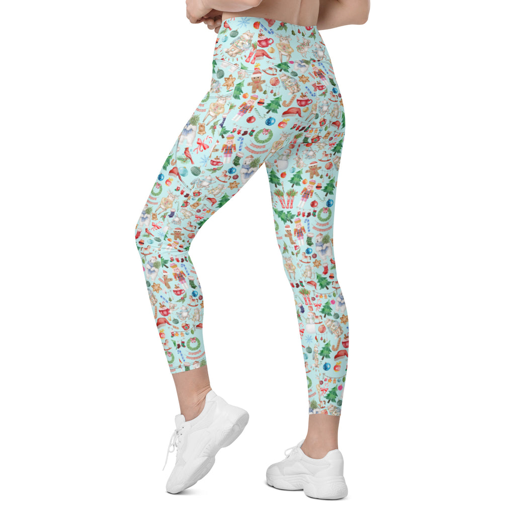 Vintage Watercolor Christmas Design Crossover Leggings with Pockets (Light Blue)